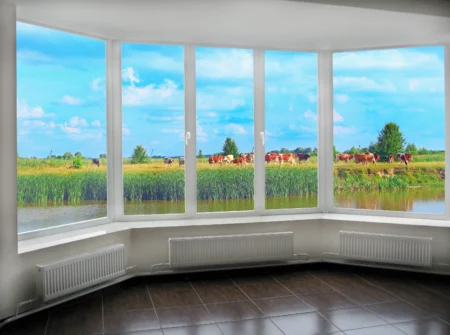 Bow Windows window with view summer lake wit