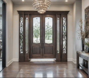 Home Elegant Wooden Double Entry Doors with Wrought Iron Glass Inserts