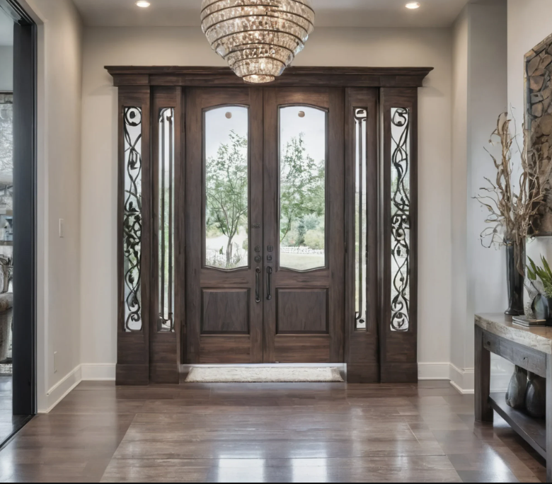 Elegant Wooden Double Entry Doors with Wrought Iron Glass Inserts